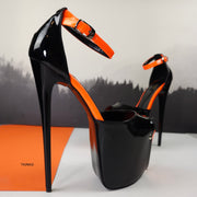 Black Gloss Orange Detail Ankle Strap High Heels