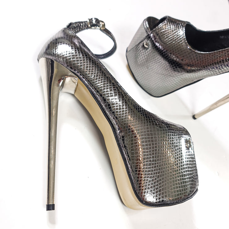 Silver Genuine Leather Fume Ankle Strap High Heels