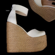 White Suede High Heel Platform Wedge Sandals 