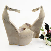 Beige Faux Suede Ankle Strap Wedge Sandals - Tajna Club
