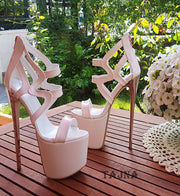 Lazer Cage Cream Patent High Heel Platform Shoes - Tajna Club
