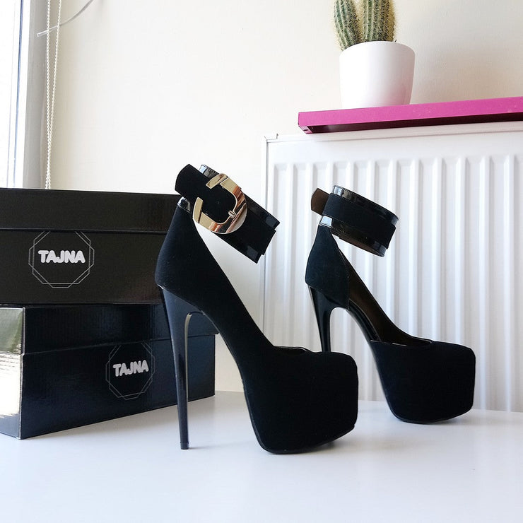 Black Faux Suede Belted Ankle Strap Platform Shoes - Tajna Club