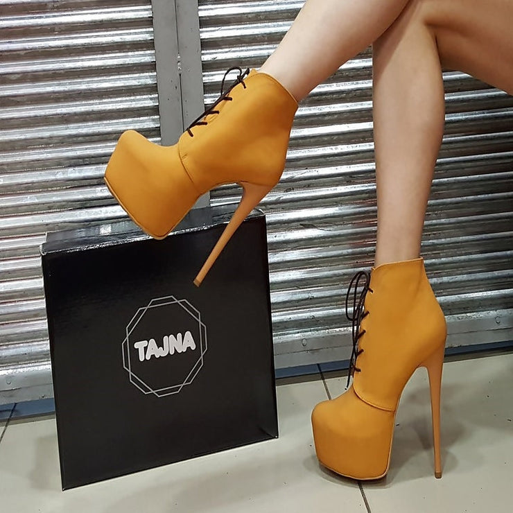 Camel Lace Up Ankle High Heel Platform Boots - Tajna Club