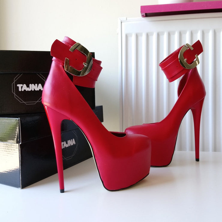 Red Belted Ankle Strap Platform Shoes - Tajna Club