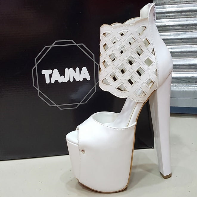 Lazer Ankle White Peep Toe Platform Heels - Tajna Club