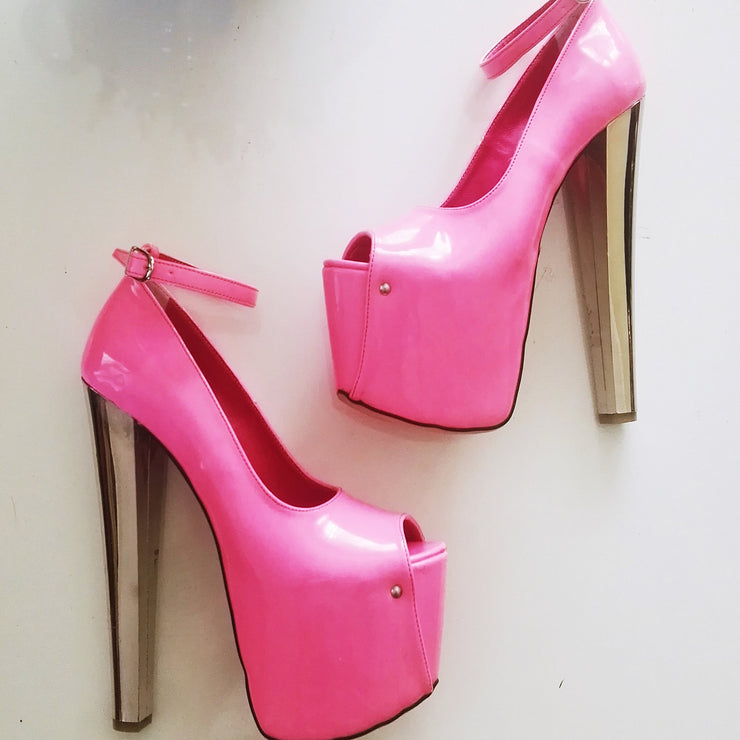 Pink Patent Peep Toe High Heel Platform Ankle - Tajna Club