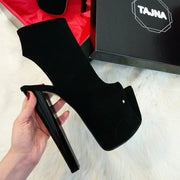 Open Back Black Faux Suede 19 cm Ankle Platforms - Tajna Club