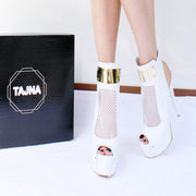 Fishnet White Gold Ankle Peep Toe Platform Shoes - Tajna Club