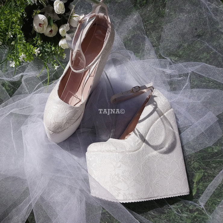 Ankle Strap White Lace High Wedge Wedding Shoes - Tajna Club
