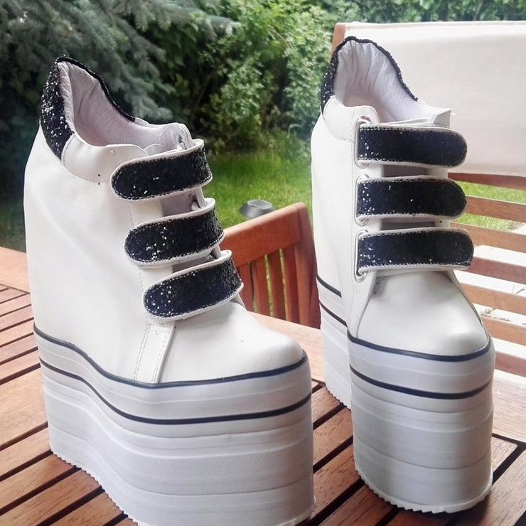 White Black Hook Pile Sport High Heel Wedge Platform Shoes - Tajna Club