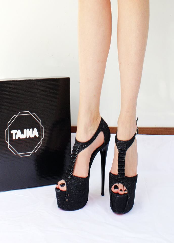 Black Shimmer Ankle Strap Peep Toe High Heel Platform Shoes - Tajna Club
