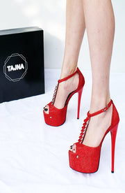 Red Shimmer Ankle Strap Peep Toe - Tajna Club