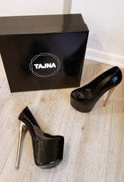 Black Patent Leather Platform Silver Heels - Tajna Club