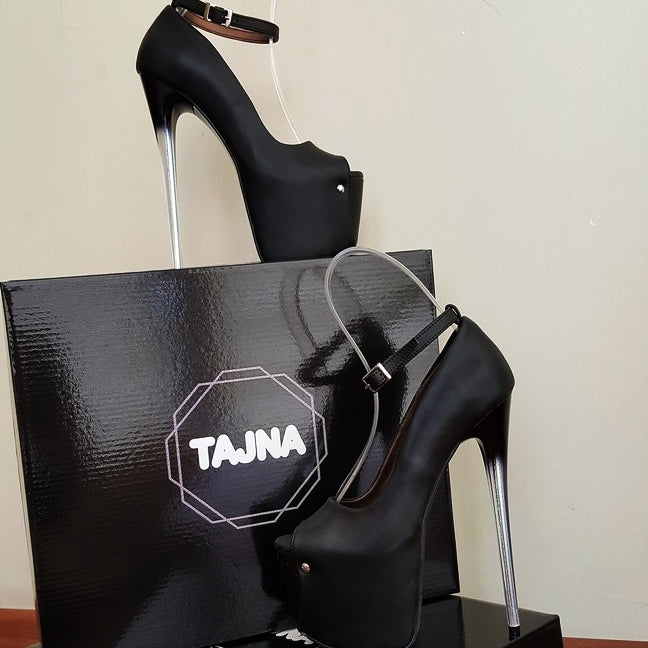 19 cm Glass Transparent Heel Peep Toe Black Platform Shoes - Tajna Club