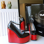 Red Black Patent Leather Ankle Strap Wedge Shoes - Tajna Club