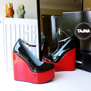 Red Black Patent Leather Ankle Strap Wedge Shoes - Tajna Club