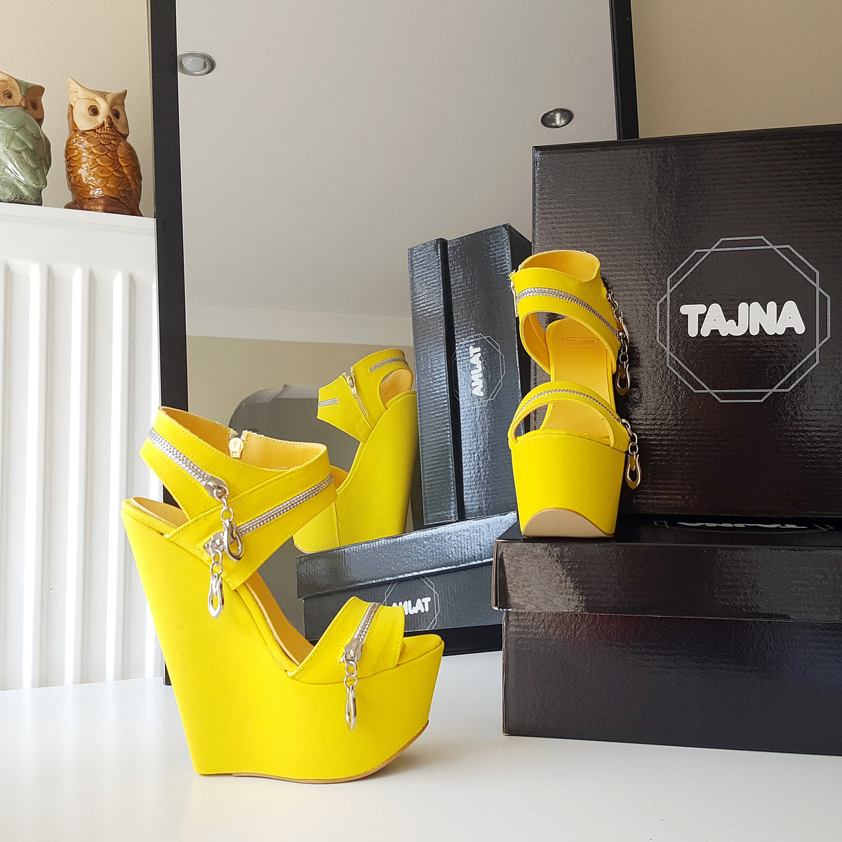 Sun Yellow Zipper High Heel Wedge Shoes | Tajna Club