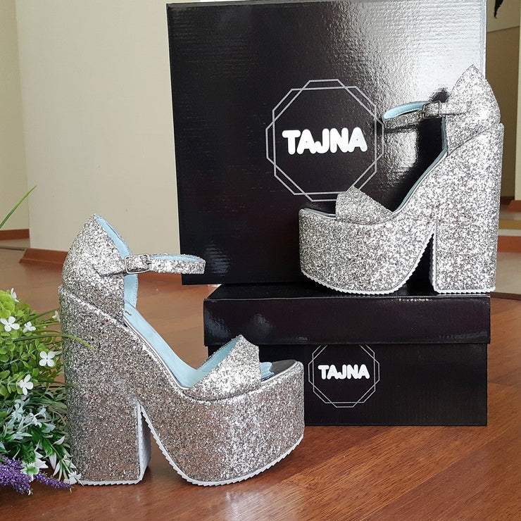 Silver Sparkling Single Strap Chunky Platform Wedge Shoes - Tajna Club