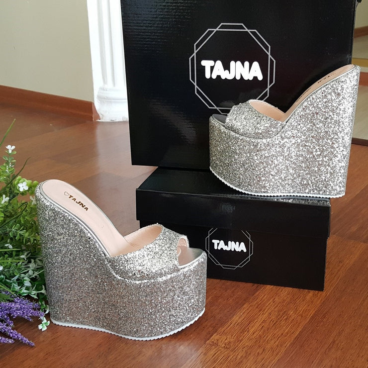 Silver Shiny Peep Toe Platform Heel Wedge Mules - Tajna Club