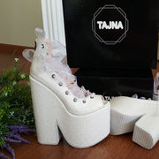 Sparkling White Lace Up Balerinas Super Wedge Shoes 20 cm - Tajna Club