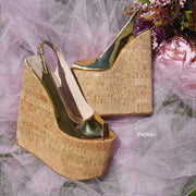 Golden Peep Toe Platform Wedge Shoes - Tajna Club