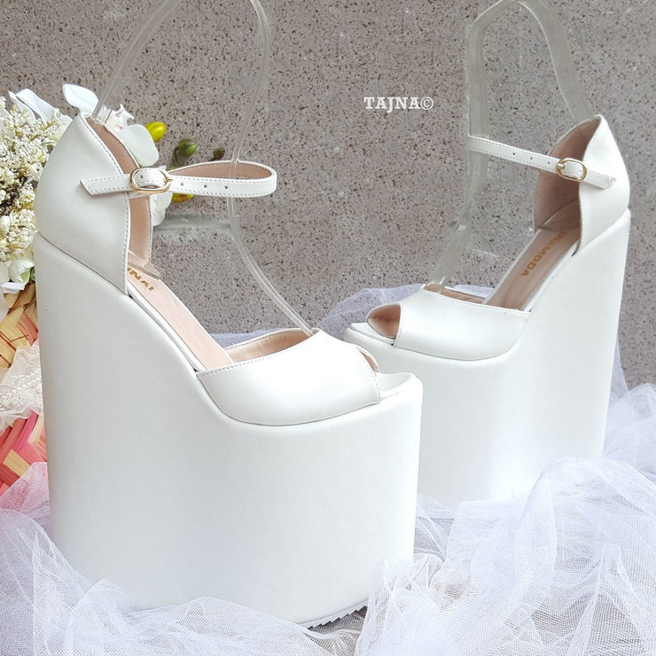 21 cm White Strap Wedding High Heel Platform Wedge Shoes - Tajna Club