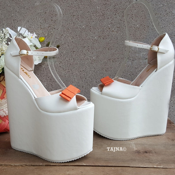 Platform White Orange Ribbon Wedding  Wedge Shoes - Tajna Club