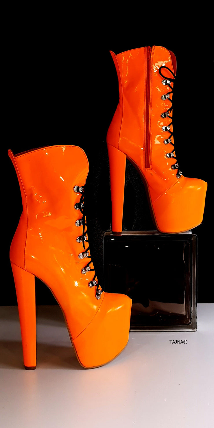 Orange Patent Military Style Lace Up Boots