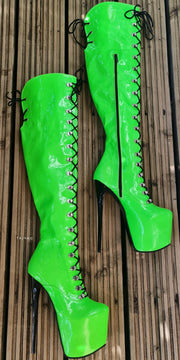 Neon Green Military Style Lace Up Heel Boots Tajna Club Shoes