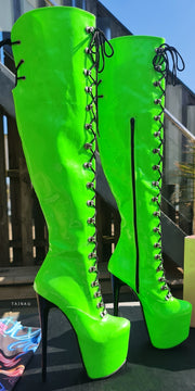 Neon Green Military Style Lace Up Heel Boots Tajna Club Shoes