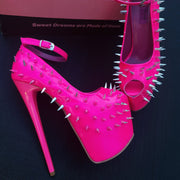 Hot Neon Pink Gloss Spike Studded Ankle Strap Heels Tajna Club Shoes