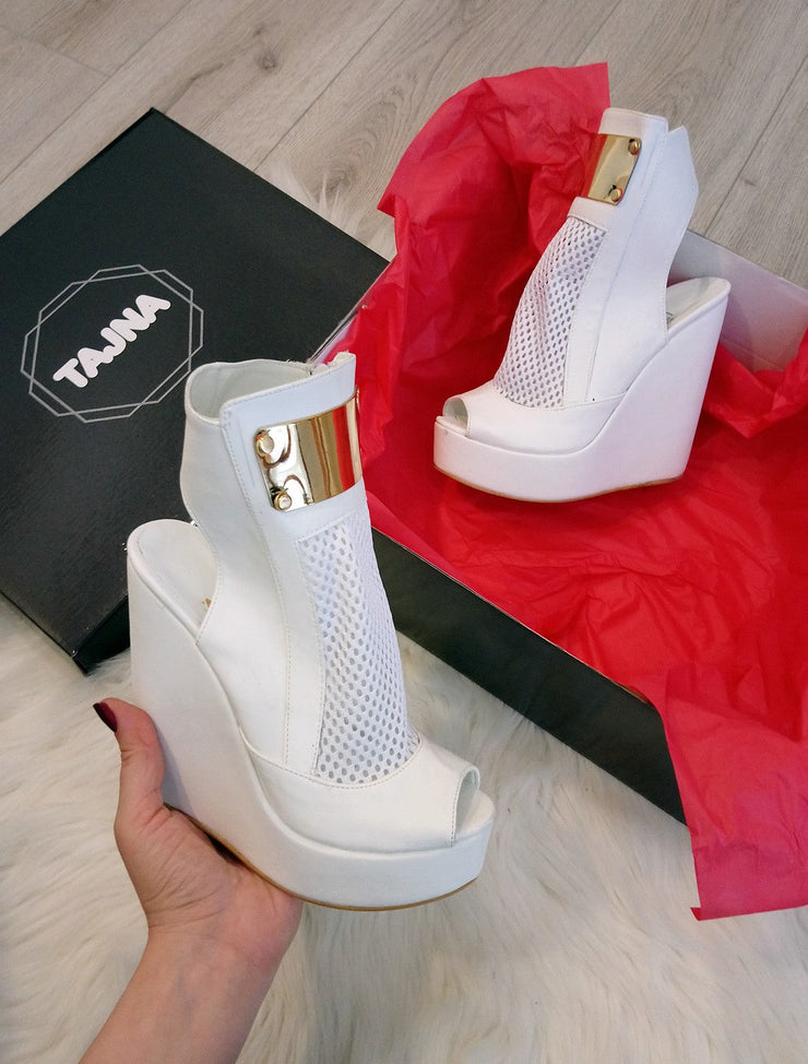 White Filet Peep Toe Wedge Platform Shoes - Tajna Club