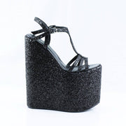 Black Shiny Wedge Sandals - Tajna Club