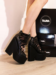 Black Lace up Ballerina Wedge Platform Shoes - Tajna Club