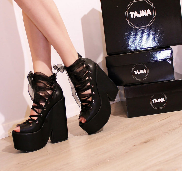 Black Lace up Ballerina Wedge Platform Shoes - Tajna Club