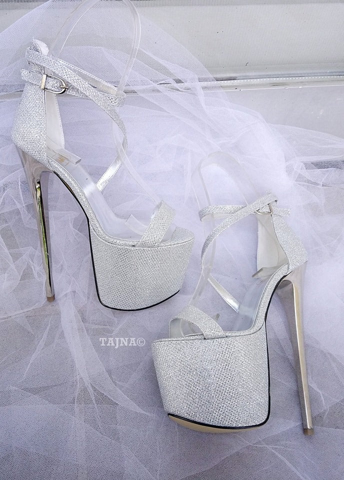 Silver Shine Ankle Strap High Heel Platform Shoes - Tajna Club