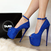 Blue Suede Peep Toe High Heel Platforms - Tajna Club