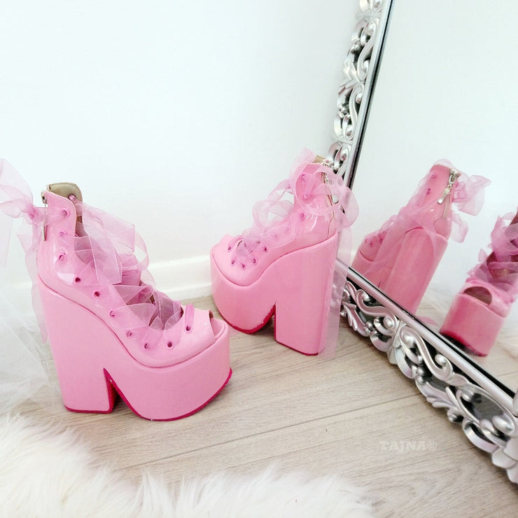 Lace Up Designer Light Pink Wedge Platform Shoes - Tajna Club