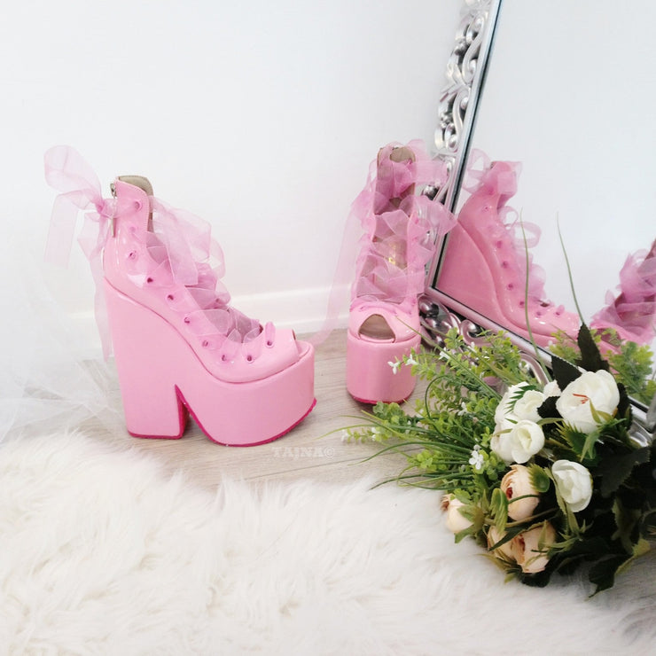 Lace Up Designer Light Pink Wedge Platform Shoes - Tajna Club