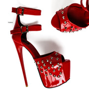 Red Spike Studded Double Belted Heels