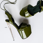 Green Gloss Lace Up Metallic High Heel Sandals