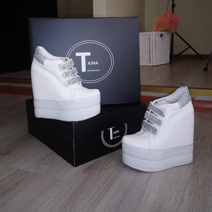Sport Platforms Silver White Wedge Shoes - Tajna Club