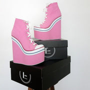 Pink Denim Lace Up Sport Platforms Wedge Shoes - Tajna Club