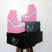 Pink Denim Lace Up Sport Platforms Wedge Shoes - Tajna Club