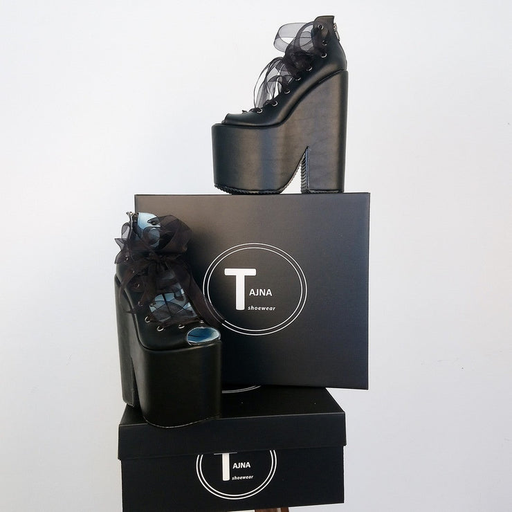 Lace Up Designer Black Wedge Platform Shoes - Tajna Club