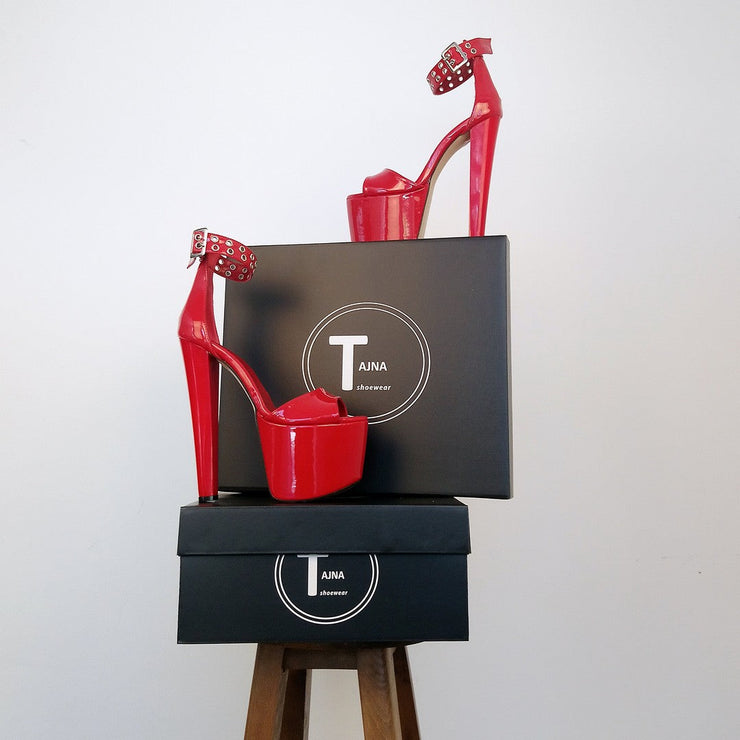Red Patent Leather Peep Toe 19 cm Heel Platform Shoes - Tajna Club