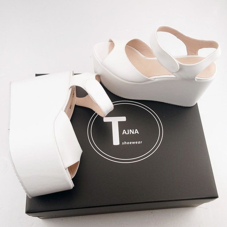 White Ankle Strap Peep Toe Wedge Platform Sandals - Tajna Club