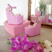 Ankle Strap Pink Platform High Heel Wedge Sandals - Tajna Club