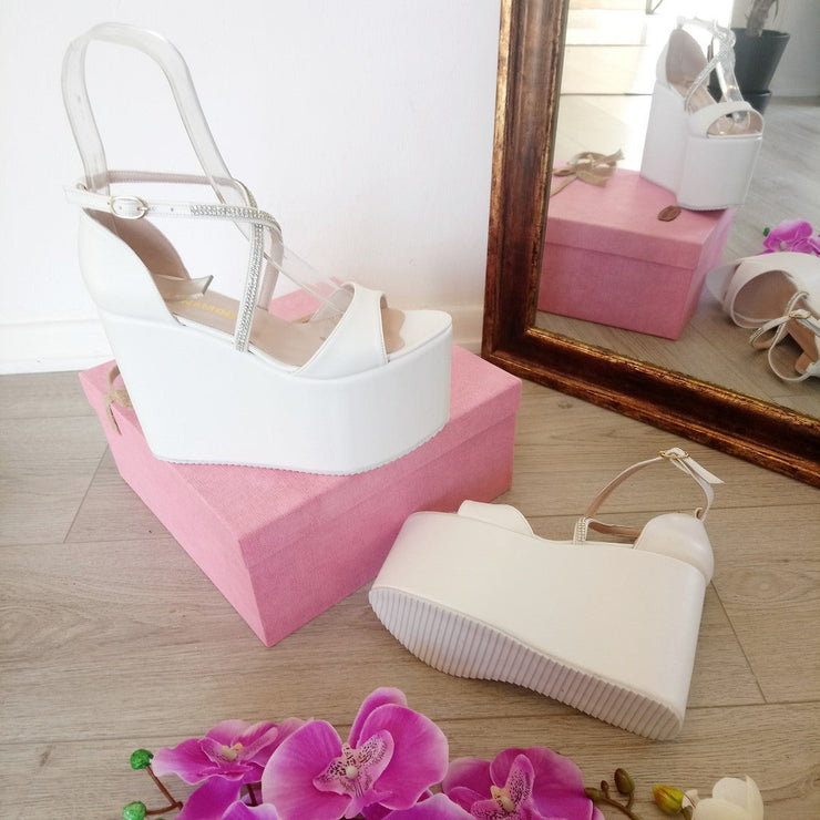Bridal Collection White Wedge Platform Sandals - Tajna Club