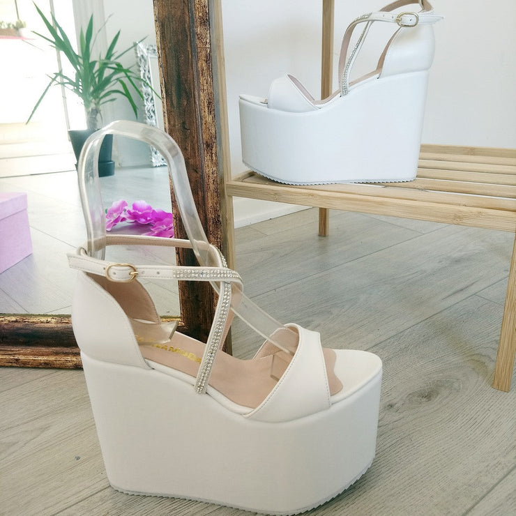 Bridal Collection White Wedge Platform Sandals - Tajna Club